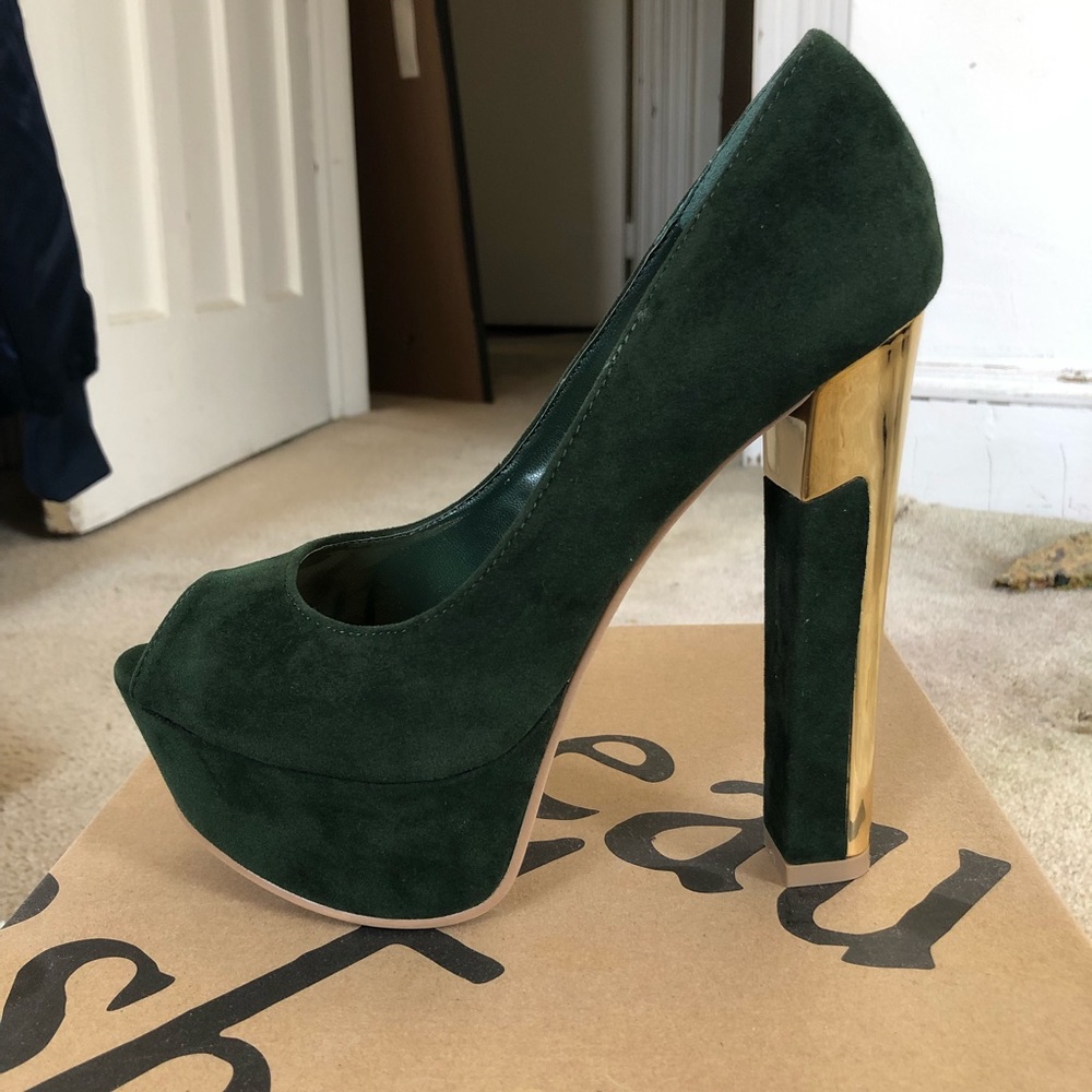 Green suede platform heels
